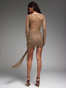Hauture Váy ngắn ren trắng tay dài có dây buộc phía trước dành cho nữ - Màu Khaki - Xem 4