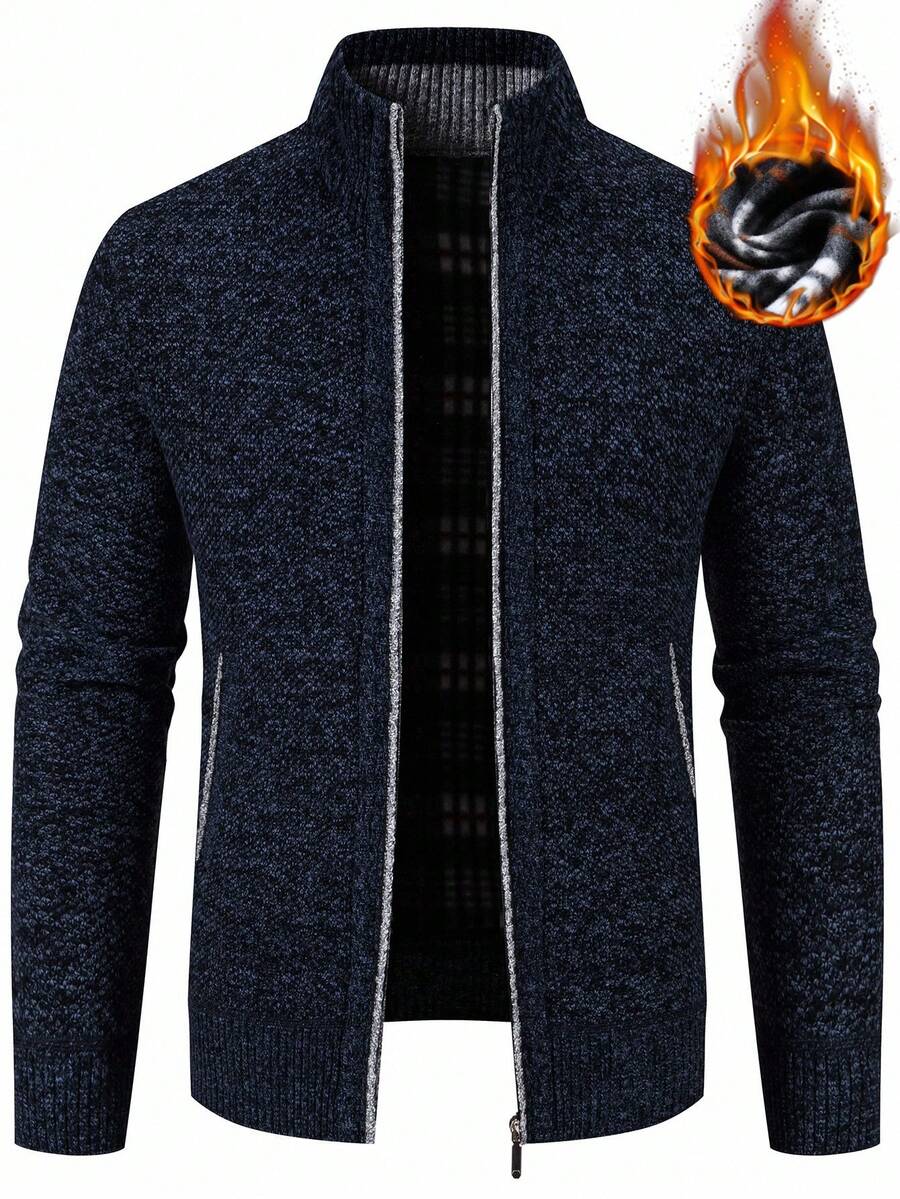 Calmiston Suéter de punto acanalado con bloques de color, estilo blogger para hombres, de manga larga y tipo cardigan, casual y versátil, para otoño/invierno - Azul Marino - Ver 1
