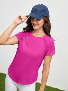 SHEIN Cheerettes 女式纯色圆领插肩袖日常健身运动T恤健身衫 - 玫紅色 - 查看 3