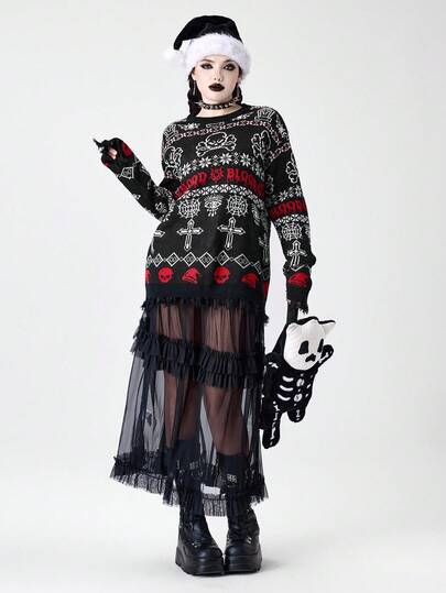 Goth Christmas Gothic Christmas Skeleton, Bat, Bull Head, Snowflake, Fair Isle Cross, Spider Web Eye Pattern Jacquard Loose Fit Women Sweater