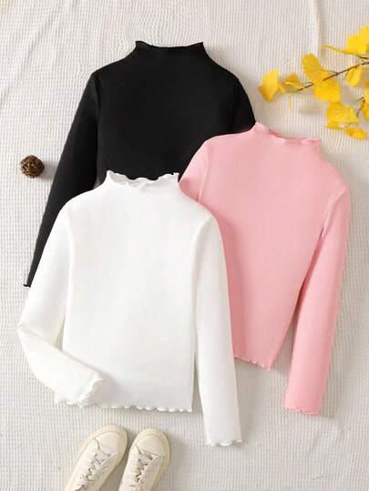 SHEIN 3 件套青少年女孩休闲百搭纯色罗纹生菜边立领 T 恤