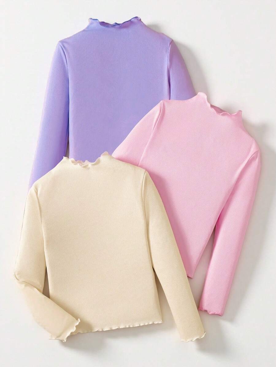 SHEIN 青少年女孩三件套休闲百搭纯色罗纹生菜边立领T恤 - 淡紫色 - 查看 1