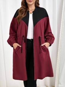 SHEIN Essnce Áo khoác gió thời trang rộng rãi, màu tương phản, chắp vá, thường ngày, đa năng, thiết yếu cho phụ nữ cỡ lớn, màu kaki và đen - Màu Đỏ Sâu - Xem 2