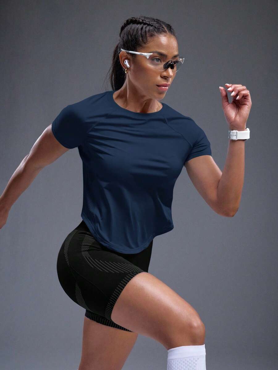 Powerista Solid Raglan Sleeve Sports Tee Gym Women Shirts - Navy Blue - View 1