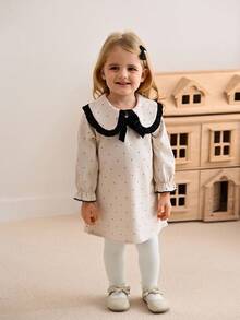 SHEIN 黑白撞色女婴荷叶边领蝴蝶结波点印花长裙，甜美优雅秋冬户外装 - 彩色 - 查看 4