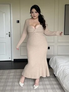 Flirla Sexy V-Neck Twist Knit Bodycon Dress, Autumn/Winter - Apricot - View 3