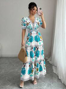 Elenzga 女士花卉度假V领泡泡袖长裙