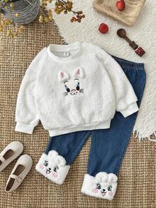 Sparklyn 2pcs/Set Toddler Girls' Cat Embroidery Graphic Crew Neck Long Sleeve Fuzzy Sweatshirt And Cuffed Fuzzy Denim Pants, Fashion Casual Sports Streetwear, Autumn/Winter - White - View 5