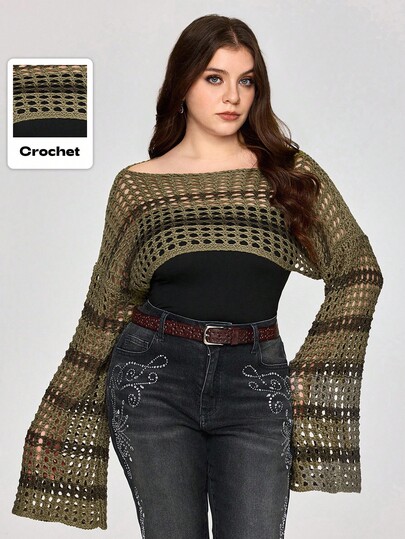 Fairycore Suéter corto de hombros descubiertos a rayas de estilo de cuento de hadas del bosque de otoño para talla grande, estilo universitario, blusa de manga larga de ganchillo de estilo de bosque elegante para talla grande, suéter de cuello redondo a rayas degradadas de estilo de bosque para talla grande