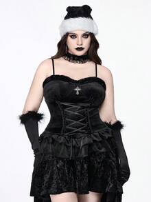 ROMWE EDITION 圣诞仿皮草和天鹅绒拼接十字前系带荷叶边下摆加大码女式吊带背心上衣、分层或外套 - 黑色 - 查看 7