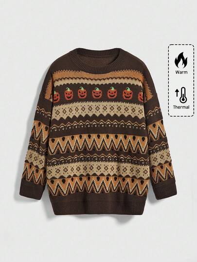 ROMWE Avant Maglione a righe zucca oversize, Pullover oversize per Ognissanti per autunno/inverno, Maglione lavorato a maglia oversize per feste di Ognissanti, Pullover oversize in maglia per le vacanze per le donne