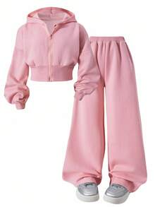 SHEIN 2pcs/Set Girls' Floral Gray Waist Drawstring Fleece Sweatshirt & Loose Fit Pants Casual Sports Outfit, Autumn/Winter - Pink - View 4