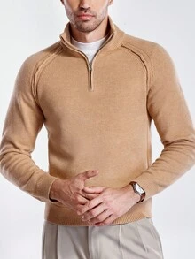 Manfinity Homme Men's Casual Solid Color Zipper Half-Placket Raglan Sleeve Sweater, Autumn/Winter Khaki Polo Sweater, Men's Warm Sweater, Lapel Sweater, Men's Sweater, Knitted Pullover It Is Great For Couples And Makes An Excellent Gift Idea For Boyfriends Or Husbands Quarter Zip Sweater Men Men Sweater Mock Neck Men Cashmere Men S Clothing Turtle Neck Men
