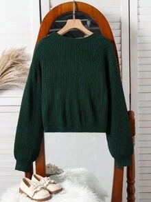 SHEIN 欧美风少女秋冬新款针织V领灯笼袖纽扣纯色宽松复古休闲短款开衫，度假可爱绿色开衫 - 綠色 - 查看 2