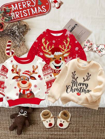 SHEIN 3件装可爱宝宝休闲简约圆领卫衣，抓绒材质，圣诞大图案。性价比高。适合生日派对、晚会、演出、婚礼、洗礼、开幕式，适合日常穿着，适合外出游玩，适合圣诞节和节日穿着，适合秋冬季节。