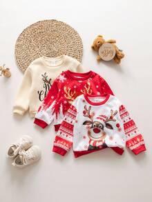 SHEIN 3-Pack Cute Baby Girl Casual And Simple Round Neck Sweatshirt With Grab Material And Large Christmas Pattern. High Cost Performance. Suitable For Birthday Parties, Evening Parties, Performances, Weddings, Baptisms, Opening Ceremonies, Suitable For Daily Wear, Suitable For Outing, Suitable For Christmas And Festival Wear, Suitable For Autumn And Winter Seasons. - Multicolor - View 6