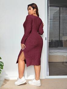 SHEIN Essnce Đầm suông dáng ôm tay dài cổ vuông màu trơn cỡ lớn cho nữ - Màu Đỏ Sâu - Xem 2