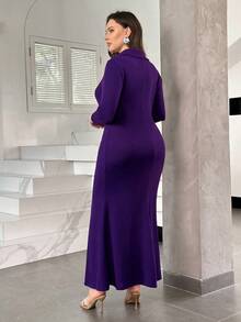 Modelyn Vestido midi elegante de manga larga con cuello, botones de perla y fruncido, de unicolor, talla grande, para primavera/otoño - Morado - Ver 2