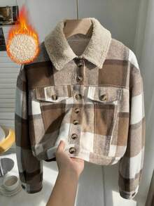 Franclia Women's Retro Brown Plaid Jacket With Fleece Lining, Women's Button Jacket, Women's Autumn And Winter Fleece Lined Jacket, Women's Outfit, Women's Fashionable Casual Outfit