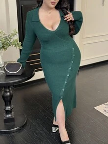 Flirla 复古设计修身高领纽扣装饰针织紧身连衣裙，秋冬 - 墨綠色 - 查看 7