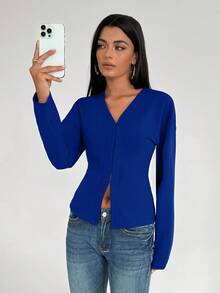 Aloruh Women's Fashionable French Retro V-Neck Raglan Sleeve Long Sleeve Burgundy Knit Shirt - Royal Blue - View 5