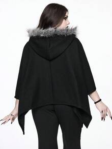 ROMWE EDITION 加大码女式哥特式不对称下摆连帽斗篷夹克，带毛领，适合万圣节、冬季 - 黑色 - 查看 4