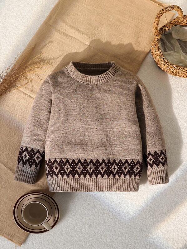 SHEIN Vintaside Kids Young Boy Round Neck Long Sleeve Dotted Apricot Minimalist Chic INS Korean Style Sweater, 2025 New Soft & Cozy Knitted Pullover, Yarn Sweater For Young Boy Autumn/Winter