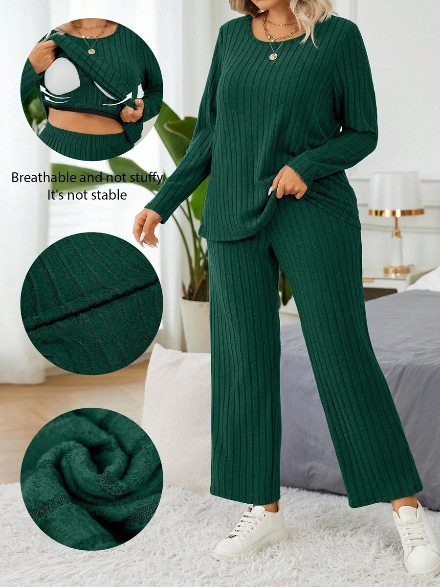 EMERY ROSE 2pcs/Set Fitted Casual Ribbed Brushed Long Sleeve Top And Pants Set With Built-In Padded Bra - Dark Green - View 1