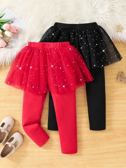 SHEIN 2件套年轻女孩优雅网眼衬裙和紧身裤套装