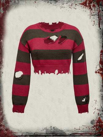 ROMWE Avant Große Größen Damen gestreifter asymmetrischer Pullover mit Destroyed-Details, Weihnachten