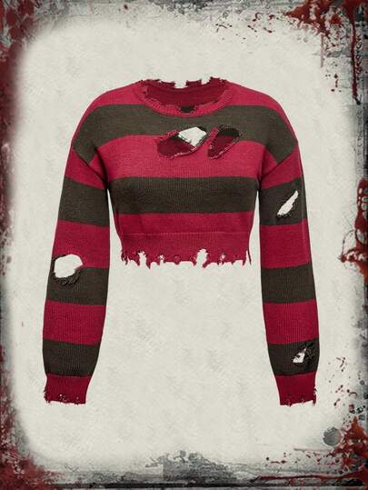 ROMWE Avant Pull court asymétrique à rayures et détails déchirés pour femmes grandes tailles, Noël