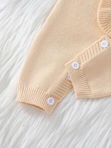 SHEIN Vintaside Kids 女婴针织高领长袖连体衣，秋冬舒适，米色，百搭日常穿着，可爱的荷叶边领口设计，优雅时尚，适合居家、外出、旅行、上学、托儿所 - 杏色 - 查看 4