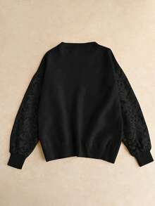 Elaquor Plus Size Casual Elegant Versatile Mesh Patchwork Pullover Sweater, Autumn/Winter - Black - View 2