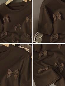 Franclia 女士休闲H型圆领3D蝴蝶结短袖粉色T恤，夏季 - 咖啡棕 - 查看 3