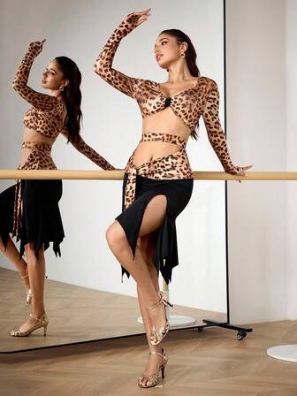 Menodora SHEIN Sport Women's Fashionable Sexy Leopard Hollow-Out Latin Dance Outfit
