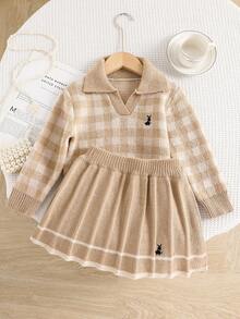 Souflis Souflis 女童卡其色格子针织套装，可爱刺绣兔子毛衣+针织迷你裙两件套，女童长袖V领套头衫，秋冬休闲优雅风格