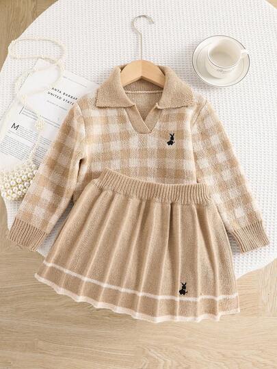 Souflis Souflis 女童卡其色格子针织套装，可爱刺绣兔子毛衣+针织迷你裙两件套，女童长袖V领套头衫，秋冬休闲优雅风格