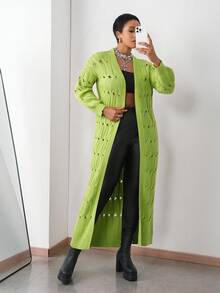 Slaydiva 2025大码女装冬装纯色镂空扭纹长款开衫毛衣外套，适合圣诞节毛衣/舒适女士秋冬装/新年服装/商务装/女士优雅上衣/通勤机场装/女士感恩节装/日常装/街头风 - 綠色 - 查看 3