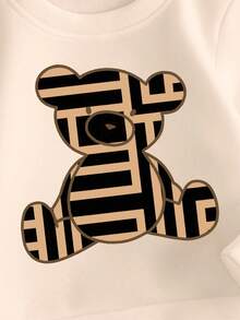 2 件套幼儿女童休闲时尚卡通熊格子图案印花圆领运动衫和紧身裤套装，适合秋季 - 彩色 - 查看 4