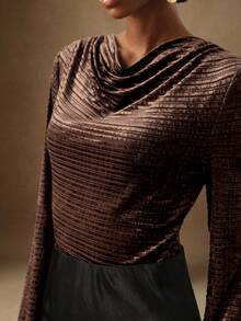 Lyxana Striped Velvet Drape Neck Long Sleeve Elegant Party T-Shirt For Women - Coffee Brown - View 8