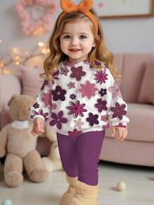 SHEIN Happikins 女婴休闲可爱碎花卫衣和打底裤两件套，紫色，柔软厚实圆领长袖卫衣，修身印花裤，适合秋冬季穿着。紫色女婴套装，紫色女婴套装，碎花两件套，女婴冬季两件套服装 - 彩色 - 查看 2