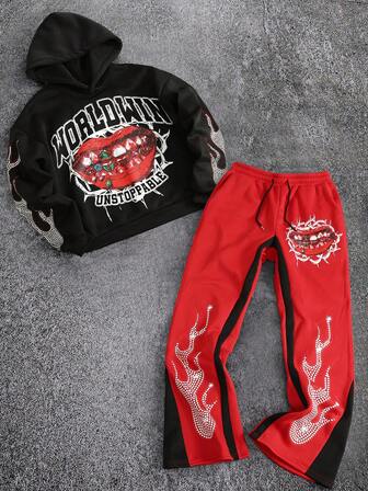 Street Life Set di felpa con cappuccio e pantaloni della tuta con stampa, abbigliamento autunnale da uomo, moda di strada