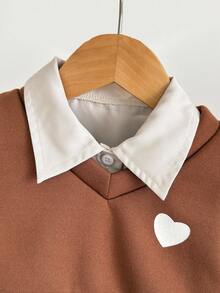 SHEIN 1 Set Girls Sweet Style Beige Shirt Dress + Brown Heart Vest, 2pcs Long Sleeve Dress Suit, Autumn/Winter - Brown - View 3