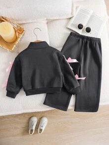 SHEIN 2pcs/Set Young Girls Cute Versatile Gray Bow Collar Sweatshirt Set, Autumn/Winter Teen Girls Clothes Set Kids Two Piece Sets Girls 2 Piece Set Autumn Winter Girl Set Sweatshirt Set For Girl Winter Young Girls Sets Sweatshirt Straight Pants Suit Tween Girl Teen Girl Clothes Teen Girls Sets Zipper Girl S Spring And Autumn Suit Girls Autumn Winter Casual Two Piece Set Girls Quarter Zip Sweatshirt And Pants Set With Pink Bow Details Toddler Kids Matching Outfit Girls Spring And Autumn Suit - Grey - View 4