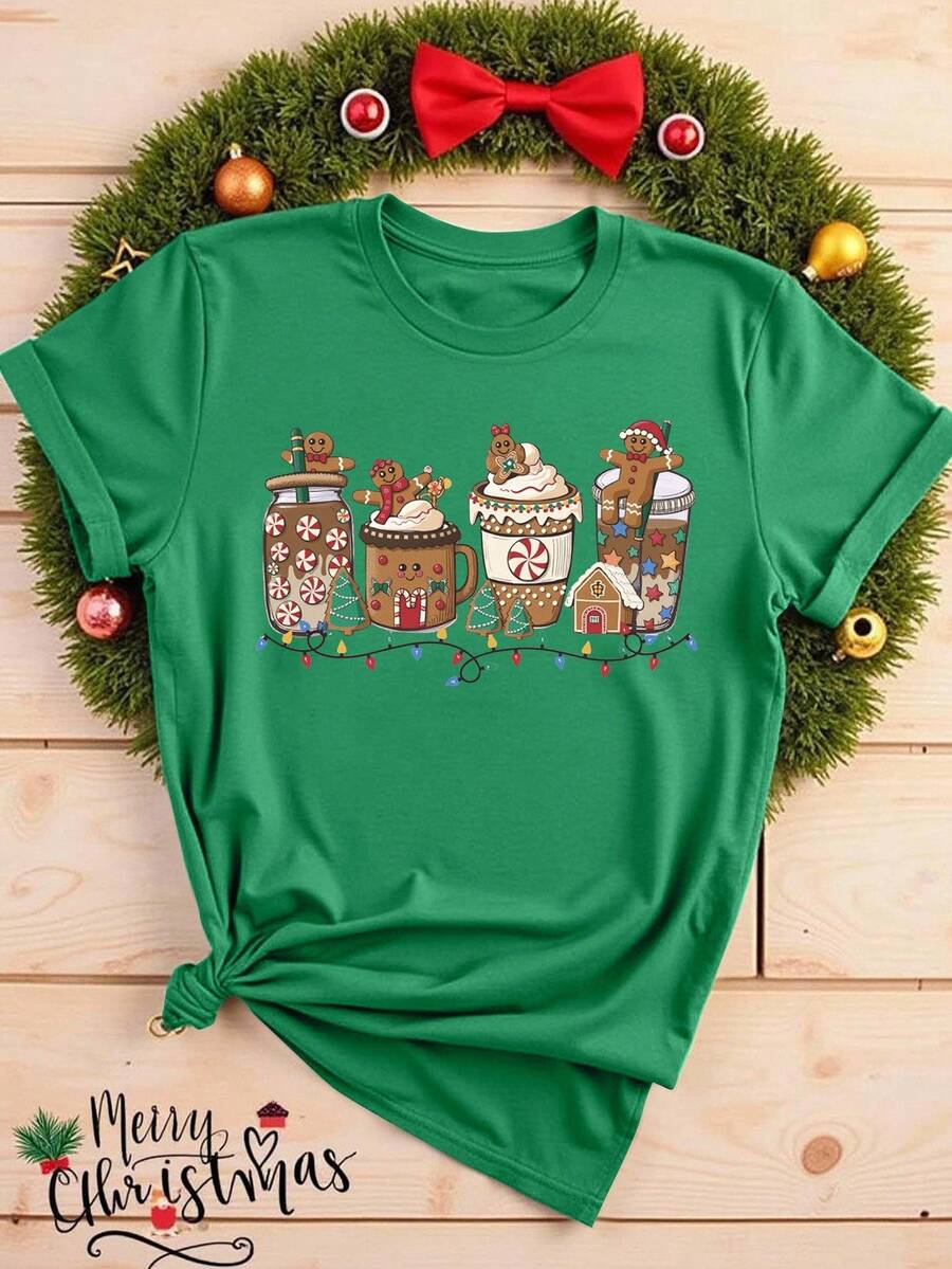 INAWLY Women's Short Sleeve Christmas Coffee Shirt, Mint Iced Latte, Snowman Candy, Warm & Cozy For Winter