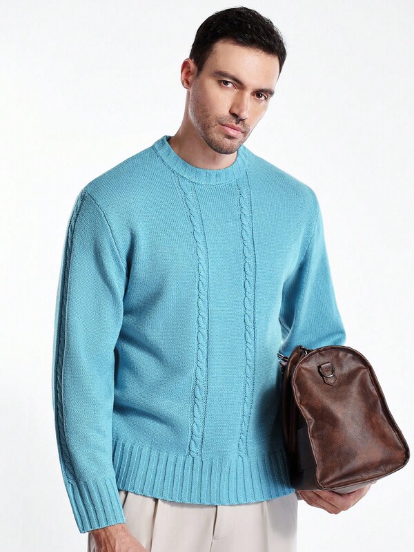 Manfinity CityGents Jersey de cuello redondo de unicolor de manga larga con tejido de punto de cable casual para hombres