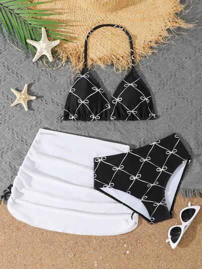 SHEIN Tween Mädchen Bikini-Set mit 3 Stücke, Schmetterlings-Muster, Schleifen-Akzent & Rock, modische, lässige und elegante Bademode, geeignet für Schwimmen, Urlaub, Sommer