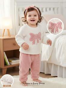 Cozy Pixies 2pcs Baby Girl Casual Comfortable Pink & White Bow Decor Crew Neck Long Sleeve Sweatshirt And Elastic Waist Pants Set, Coral Fleece Outfit, Suitable For Winter, Autumn, Christmas, Back To School Cozy Pixies Baby Girl Set Baby Set Autumn Winter Season Bow Newborn Outfit Baby Girl Knitted Outfits Baby Girl Warm Sets Fall