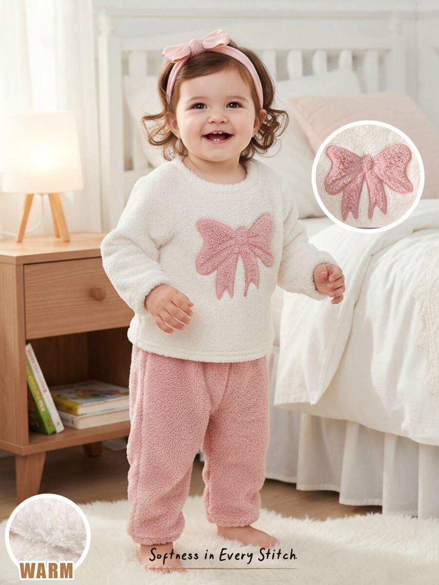 Cozy Pixies 2pcs Baby Girl Casual Comfortable Pink & White Bow Decor Crew Neck Long Sleeve Sweatshirt And Elastic Waist Pants Set, Coral Fleece Outfit, Suitable For Winter, Autumn, Christmas, Back To School Cozy Pixies Baby Girl Set Baby Set Autumn Winter Season Bow Newborn Outfit Baby Girl Knitted Outfits Baby Girl Warm Sets Fall