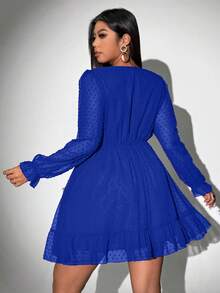 Viva Relle Plus Size Women's Solid Color Deep V-Neck Long Sleeve Ruffle Hem Sexy Fashion Dress - Royal Blue - View 6